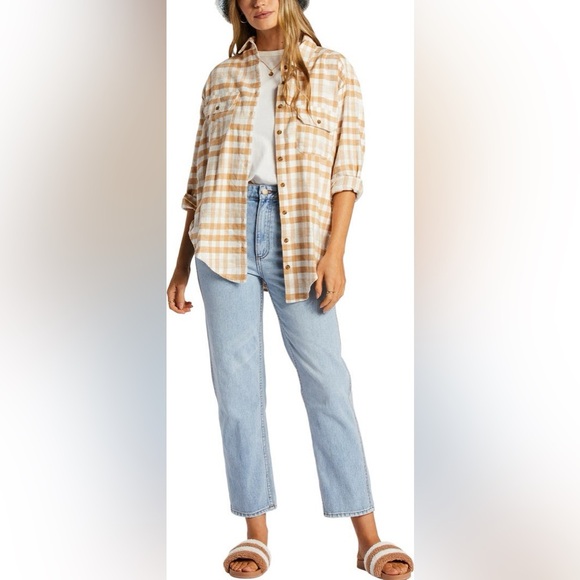 Billabong So Stoked Button-Down Flannel Shirt in Tan and White - Picture 2 of 14